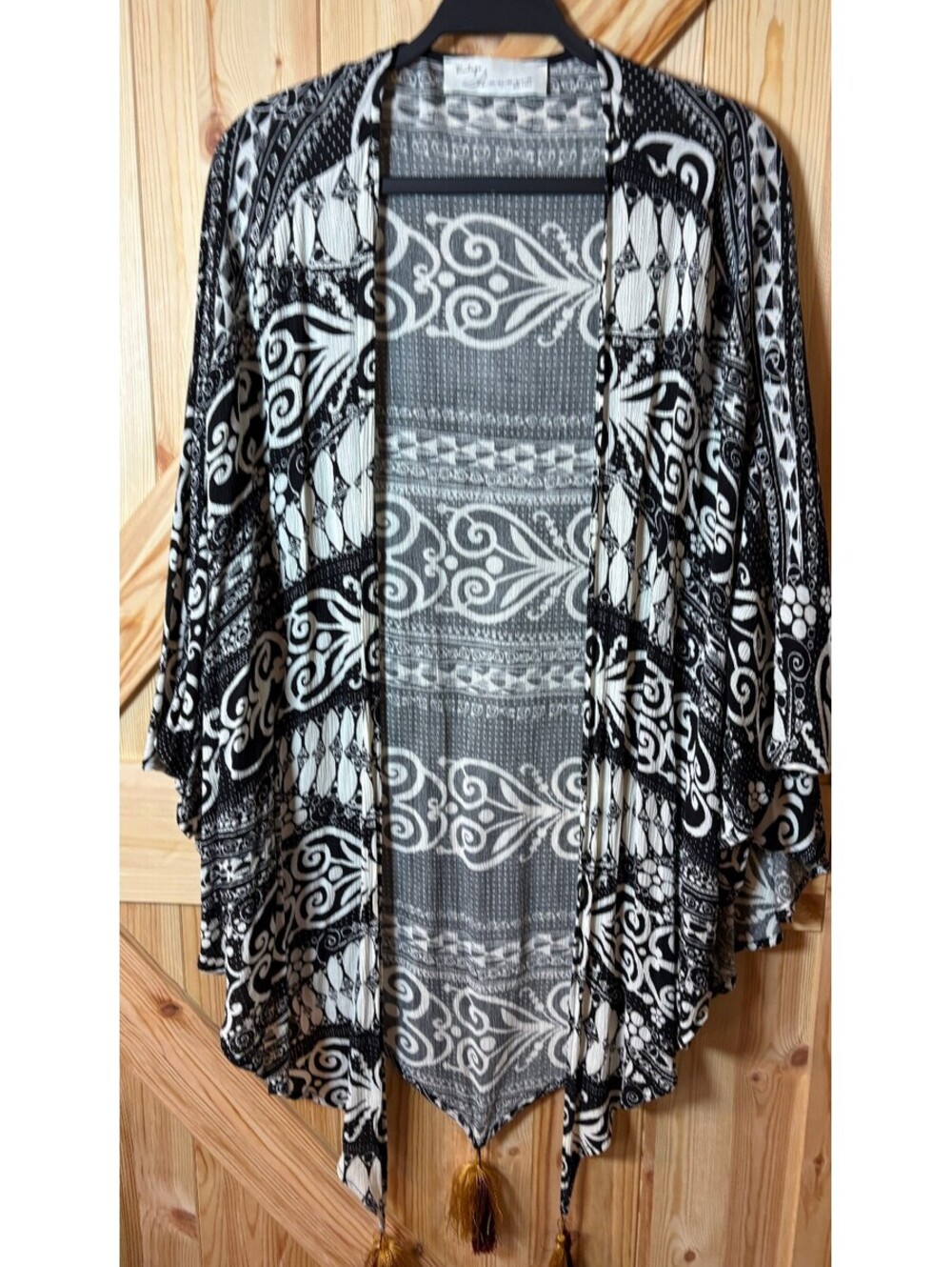 Vintage Havana Black and White Patterned Open Front Kimono with Tassels